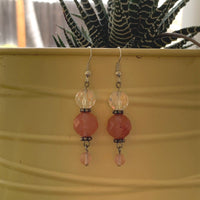 Earrings made of Cherry Quartz faceted round stone with clear crystal