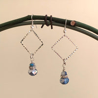 Earrings made of Two Toned Blue crystals & rondels hanging from a silver square drop