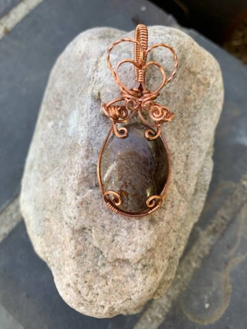 Pendant made of Taupe Jasper Oval with Copper wrap; 1" w x 2.5" h, incl bail