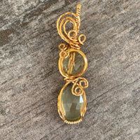 Pendant made of Double stone Rose Cut Prehnite -round & oval - in gold wrap; .5" w x 2 1/8 H, INCL BAIL