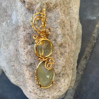 Pendant made of Double stone Rose Cut Prehnite -round & oval - in gold wrap; .5" w x 2 1/8 H, INCL BAIL