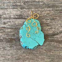 Pendant made of Turquoise Slab Nugget Pendant with Gold Wrap; 1.5" w x 2 1/8" long, Incl bail