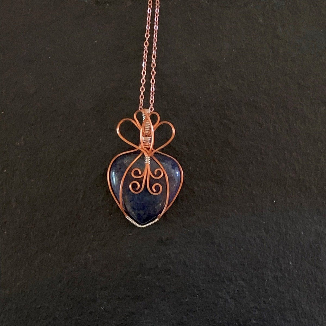 Pendant made of Lapis Lazuli Heart with Copper & Silver wrap; 1.25" w x 2" h, incl bail