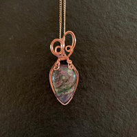 Pendant made of Ruby Fuchsite Teardrop stone with Rose Gold Wrap; 1" w x 2.25" long, incl bail