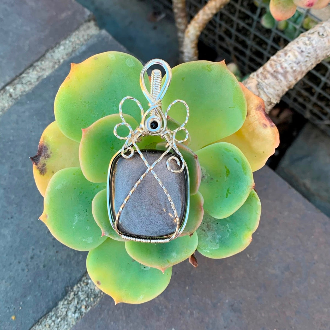 silver sheen obsidian with 4mm black onyx and silver wire wrap