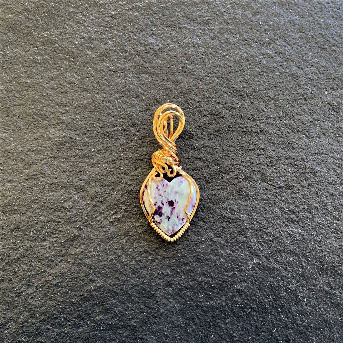 Kammererite Heart Pendant with god wire wrap; 3/4" w x 1 7/8" long, incl bail