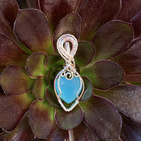 Rose Cut Aqua Chalcedony Mini Heart stone with silver wrap; .75" wide x 1.75" long, incl bail