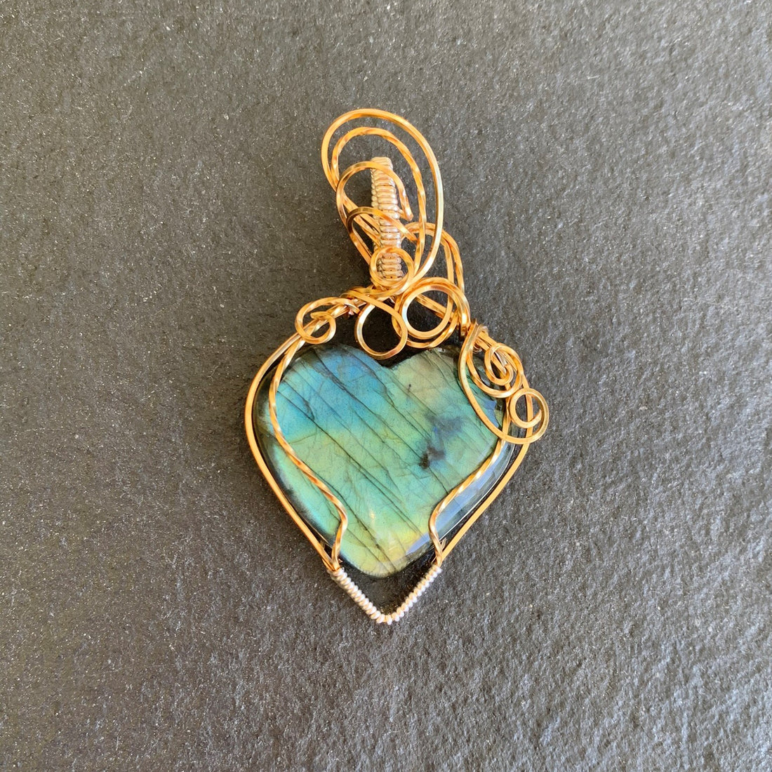 Labradorite Heart Stone with two toned-gold & silver wrap; 1.50" w x 2 5/8" long, incl bail