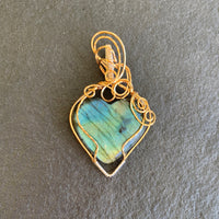 Labradorite Heart Stone with two toned-gold & silver wrap; 1.50" w x 2 5/8" long, incl bail