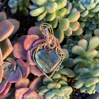 Labradorite Heart Stone with two toned-gold & silver wrap; 1.50" w x 2 5/8" long, incl bail