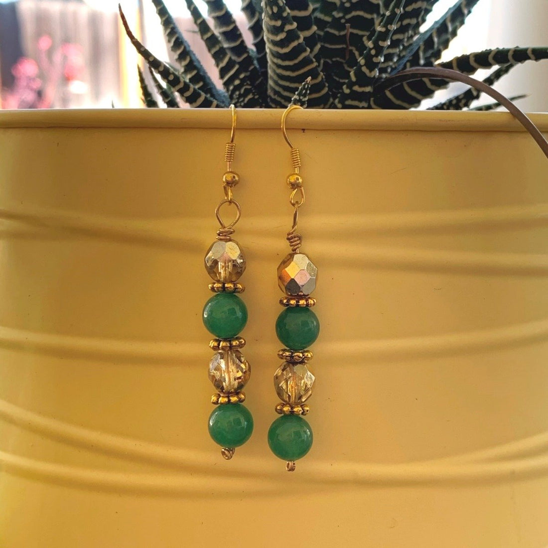 Earrings made of Green Aventurine beads with gold crystals