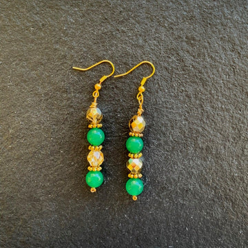 Earrings made of Green Aventurine beads with gold crystals