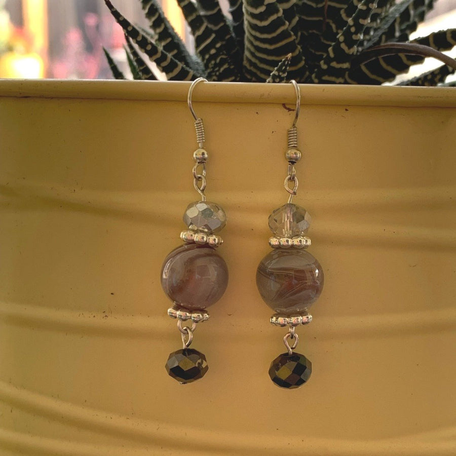 Earrings made of Round Botswana Agate beads with crystal dangle