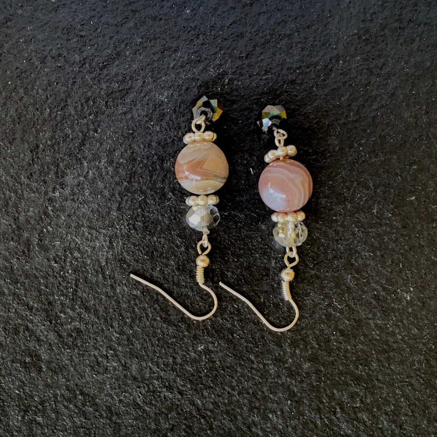 Earrings made of Round Botswana Agate beads with crystal dangle