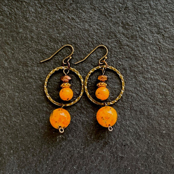 Earrings made of Orange fancy jasper with round bronze accents