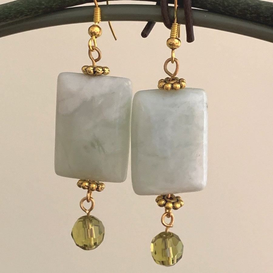 Earrings made of Green Harmony Jasper rectangle beads with crystal dangle