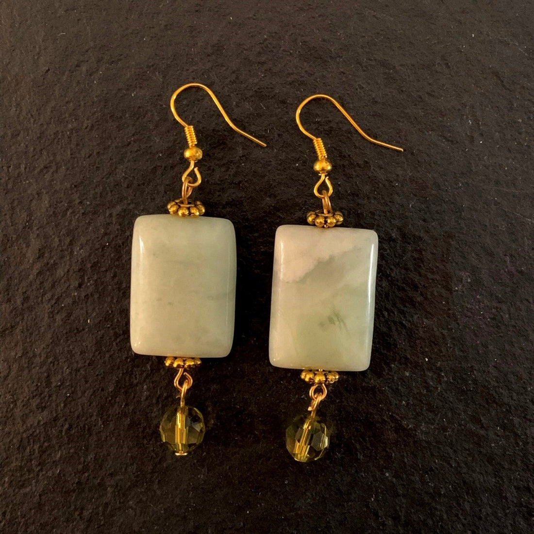 Earrings made of Green Harmony Jasper rectangle beads with crystal dangle