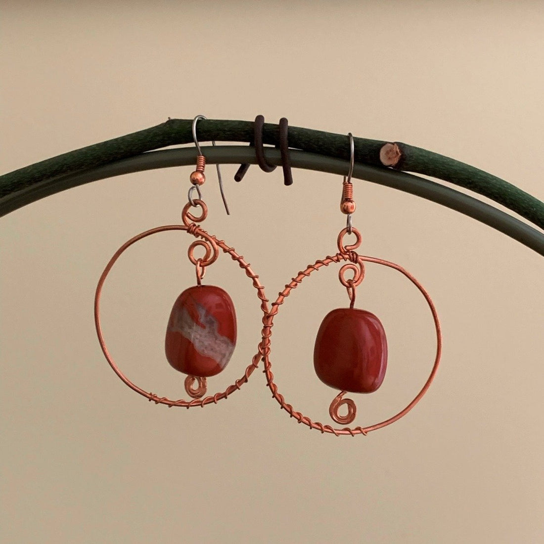 Earrings made of Red Poppy Jasper ovals with red agates & gold crystal dangle