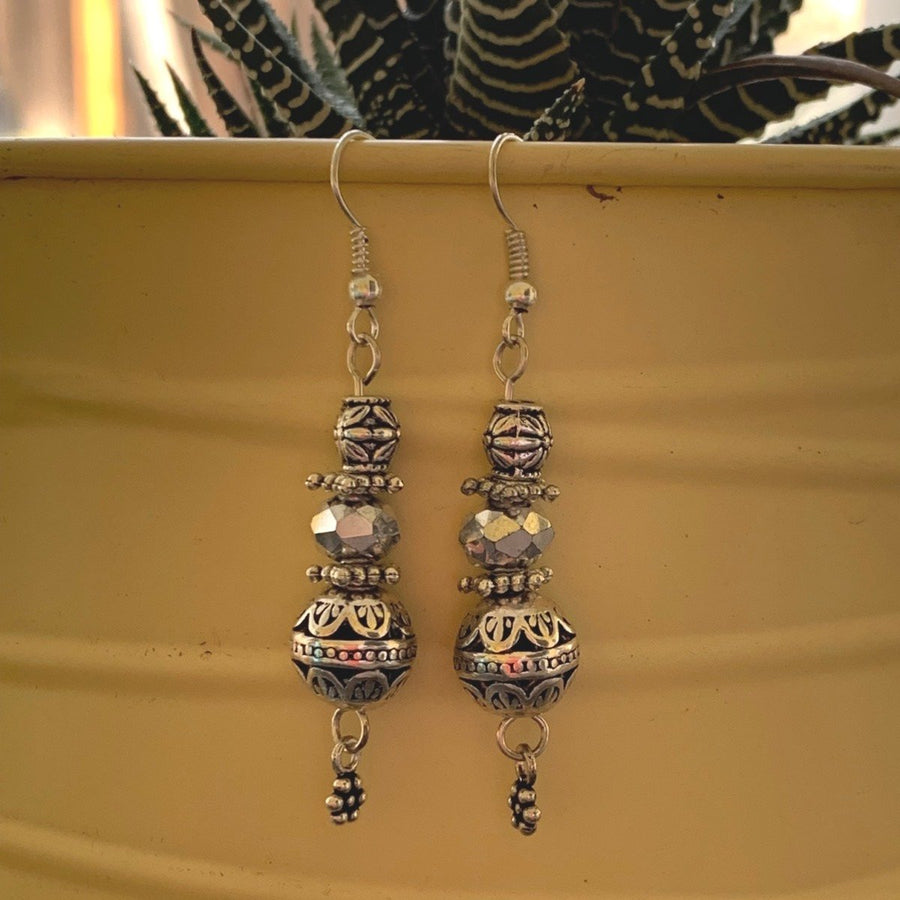 Earrings made of Antique silver round beads with crystal rondels