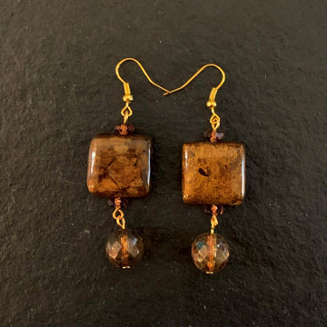 Earrings made of Bronzite square beads tortoise crystal rounds