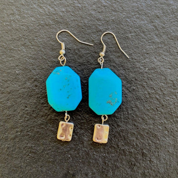 Earrings made of Turquoise hexagon with silver dangle