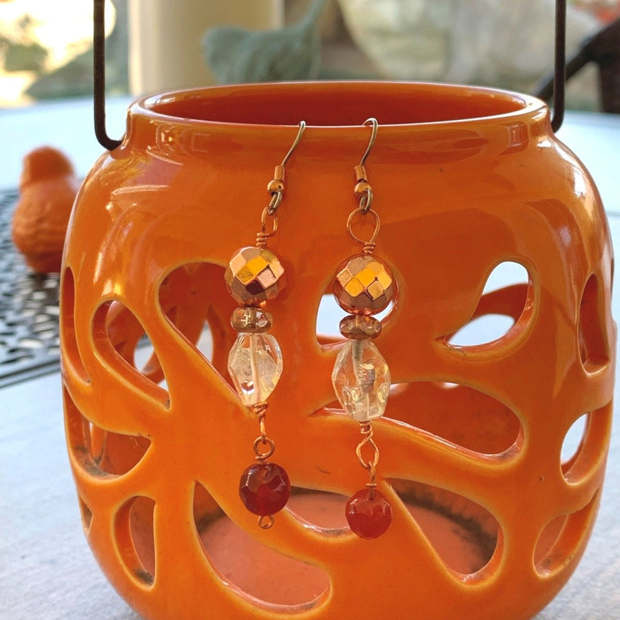 Earrings made of Copper Disco beads with clear quartz & carnelian beads