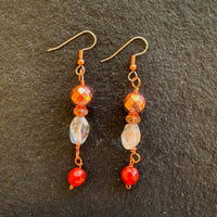 Earrings made of Copper Disco beads with clear quartz & carnelian beads