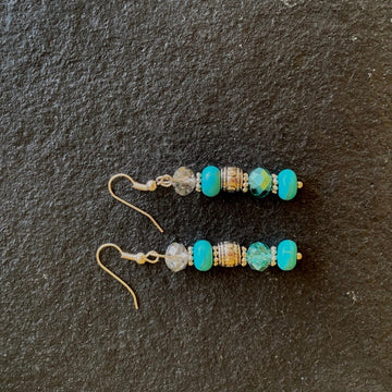 Earrings made of Turquoise Rondel beads with turquoise crystals & silver barrel bead