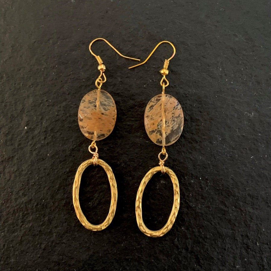 Earrings made of Large Golden Dendritic Agates with gold oval dangle