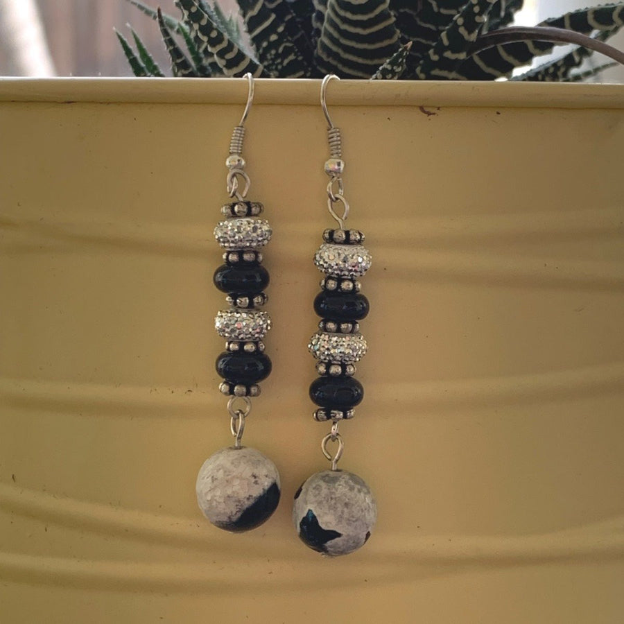 Earrings made of Zebra Jasper round with black onyx & silver accents