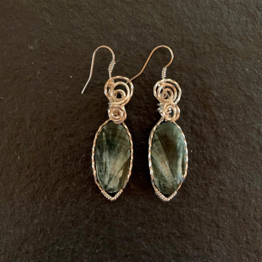 Earrings made of Natural Seraphinite Oval earrings with silver wire wrap