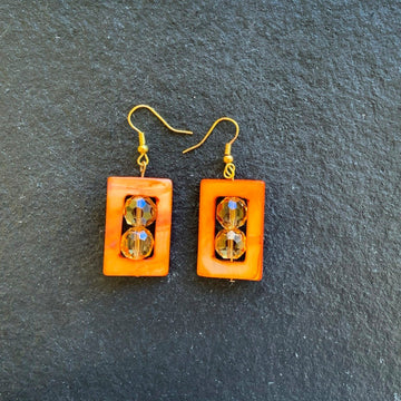 Earrings made of Orange Shell Rectangle with Crystal rondels