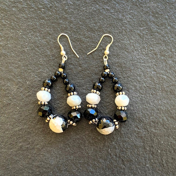 Earrings made of Black & White Zebra Jasper teardrop with white Jade rondels