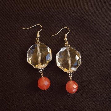 Earrings made of Cherry Quartz faceted rounds with large hexagon clear crystals