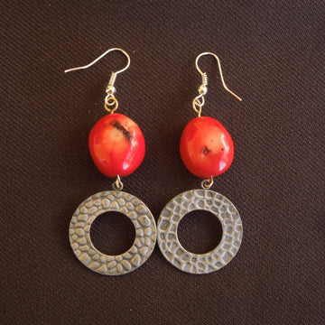 Earrings made of Red Coral oval nuggets with antique silver accent
