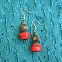 Earrings made of Red Coral Rondel with antique silver accent