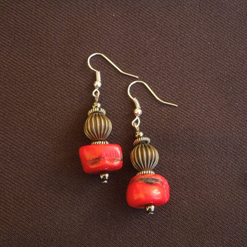 Earrings made of Red Coral Rondel with antique silver accent