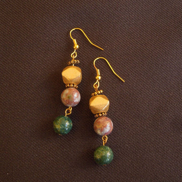 Earrings made of Green & Lavender jasper with gold florentine