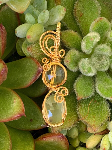 Pendant made of Double stone Rose Cut Prehnite -round & oval - in gold wrap; .5" w x 2 1/8 H, INCL BAIL