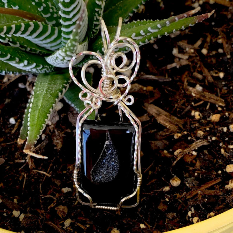 Pendant made of Black Onyx Druzy Rectangle with silver wire wrap; 7/8" w x 2 3/8" long, incl bail