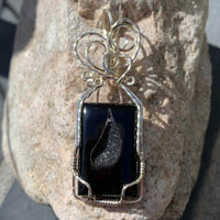 Pendant made of Black Onyx Druzy Rectangle with silver wire wrap; 7/8" w x 2 3/8" long, incl bail