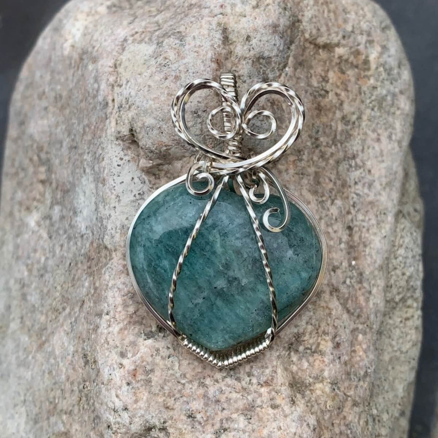 Pendant made of Amanzonite Heart stone with Silver wire wrap; 1.25" w x 1.75" long, incl bail