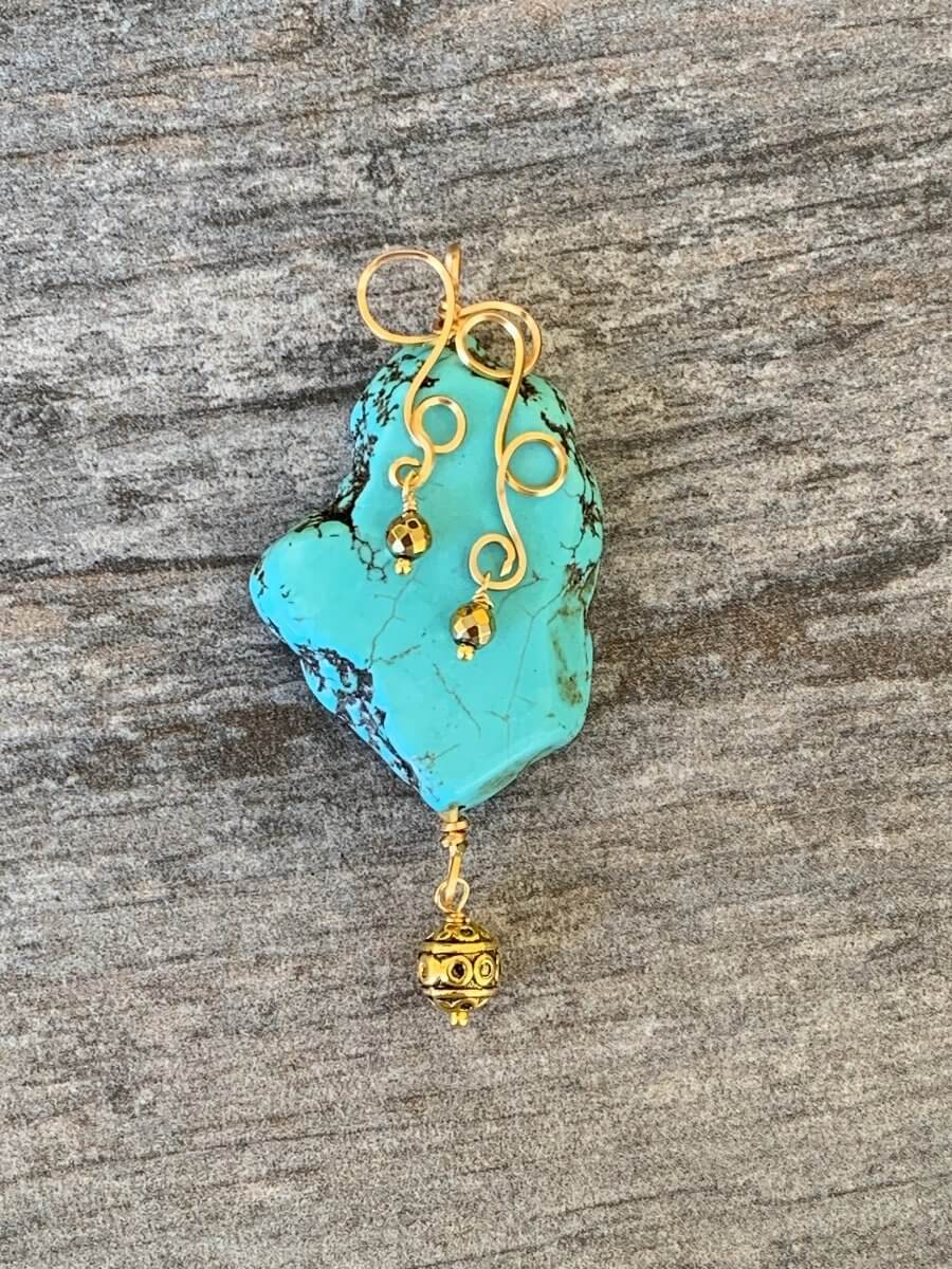 Pendant made of Turquoise Slab Nugget Pendant with Gold Wrap; 1.25' w x 2 7/8" long, Incl bail