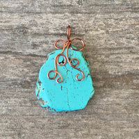 Pendant made of Turquoise Slab Nugget Pendant with Antique Copper Wrap; 1.5" w x 2 1/8" long incl bail