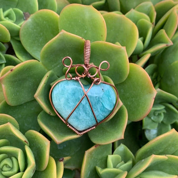 Pendant made of Amazonite Heart stone with Antique Copper wire wrap; 1.5" w x 2" long incl bail