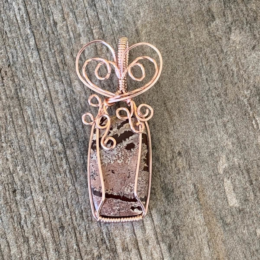 Pendant made of Sonoran Dendritic Jasper Rectangle with Rose Gold Wire wrap; 1" w x 2.25" long incl bail