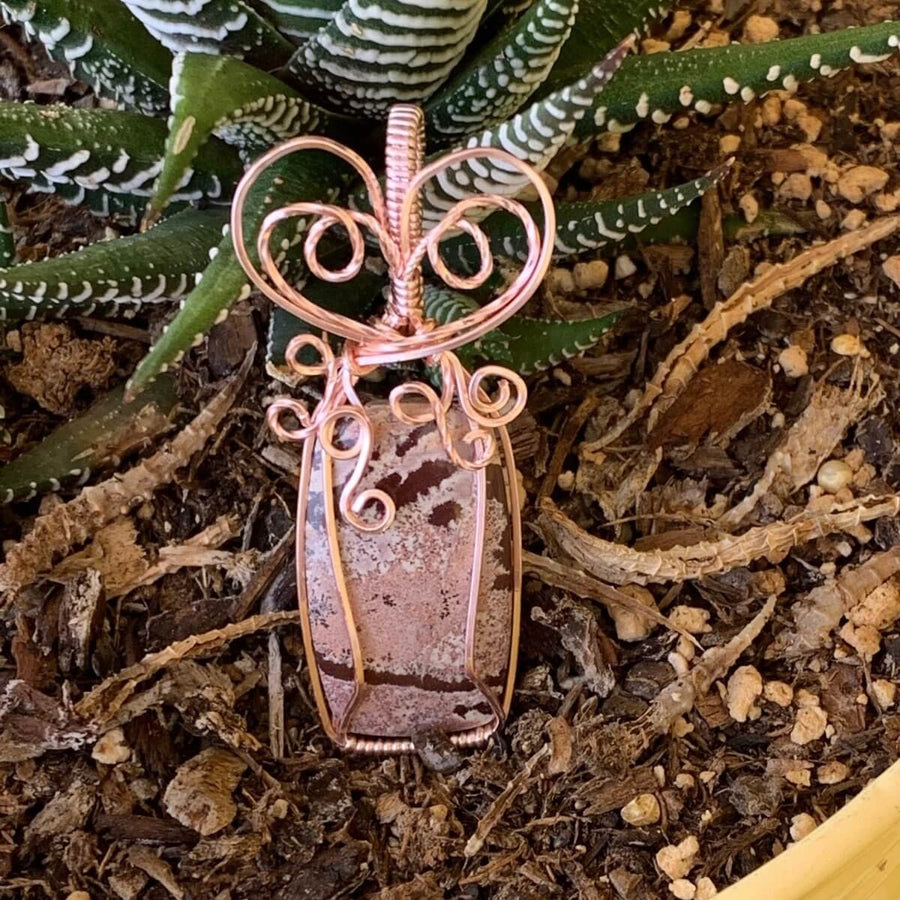 Pendant made of Sonoran Dendritic Jasper Rectangle with Rose Gold Wire wrap; 1" w x 2.25" long incl bail