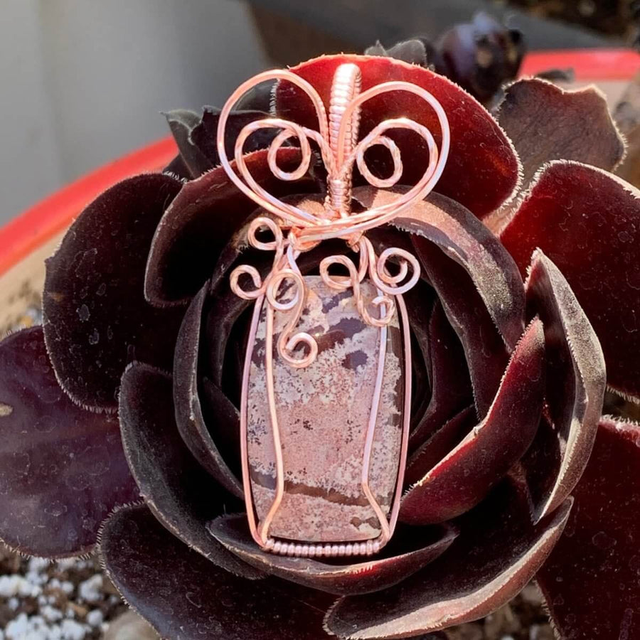 Pendant made of Sonoran Dendritic Jasper Rectangle with Rose Gold Wire wrap; 1" w x 2.25" long incl bail