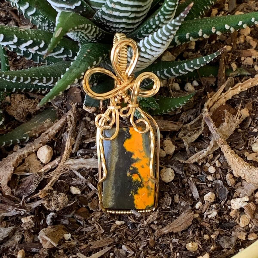 Pendant made of Bumble Bee Jasper Rectangle Stone with Gold Wire Wrap; .75" w x 2" long incl bail