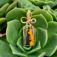 Pendant made of Bumble Bee Jasper Rectangle Stone with Gold Wire Wrap; .75" w x 2" long incl bail